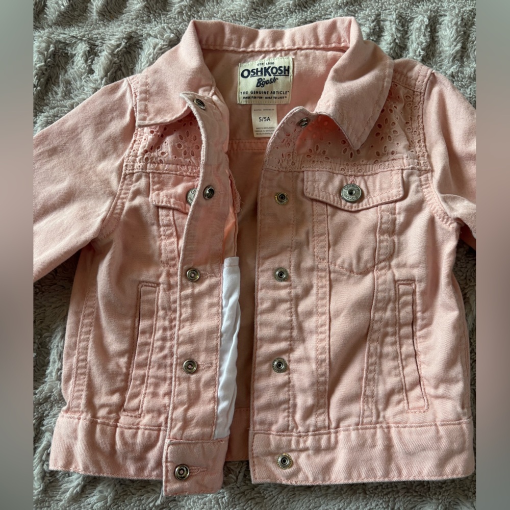 OshKosh B’gosh Pink Denim Jacket Girls 5/5A Eyelet Lace Western Button Up - Picture 10 of 11